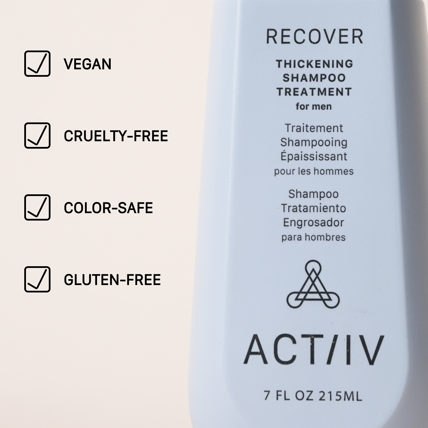 ACTIIV Recover Thickening Shampoo Treatment for Men – 7 fl oz (215 mL) bottle shown with product benefits: vegan, cruelty-free, color-safe, and gluten-free hair care formulation