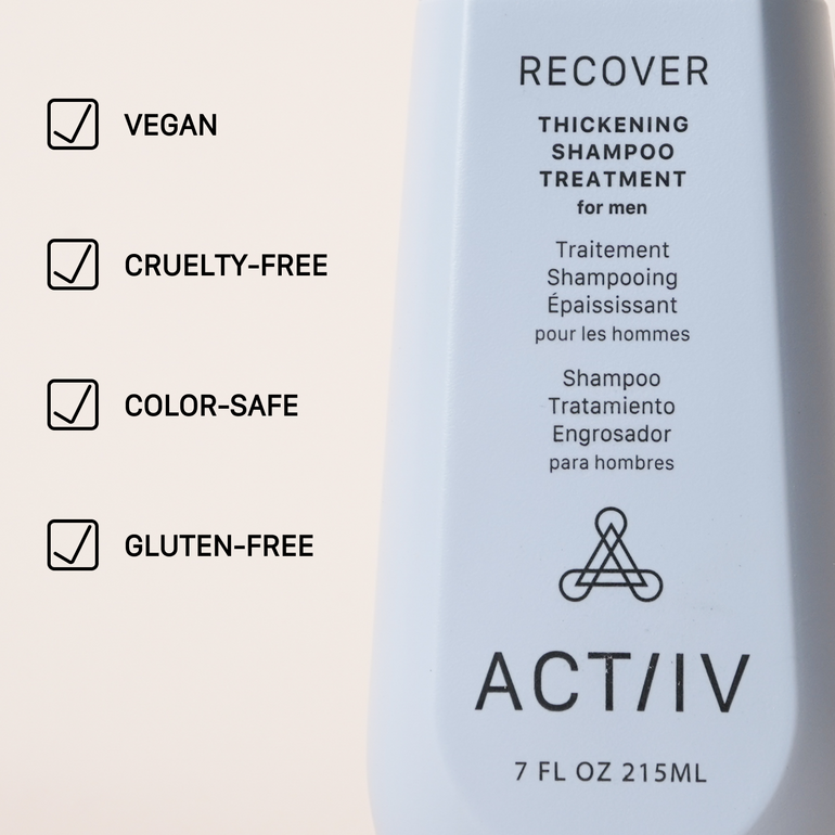 ACTIIV Recover Thickening Shampoo Treatment for Men – 7 fl oz (215 mL) bottle shown with product benefits: vegan, cruelty-free, color-safe, and gluten-free hair care formulation