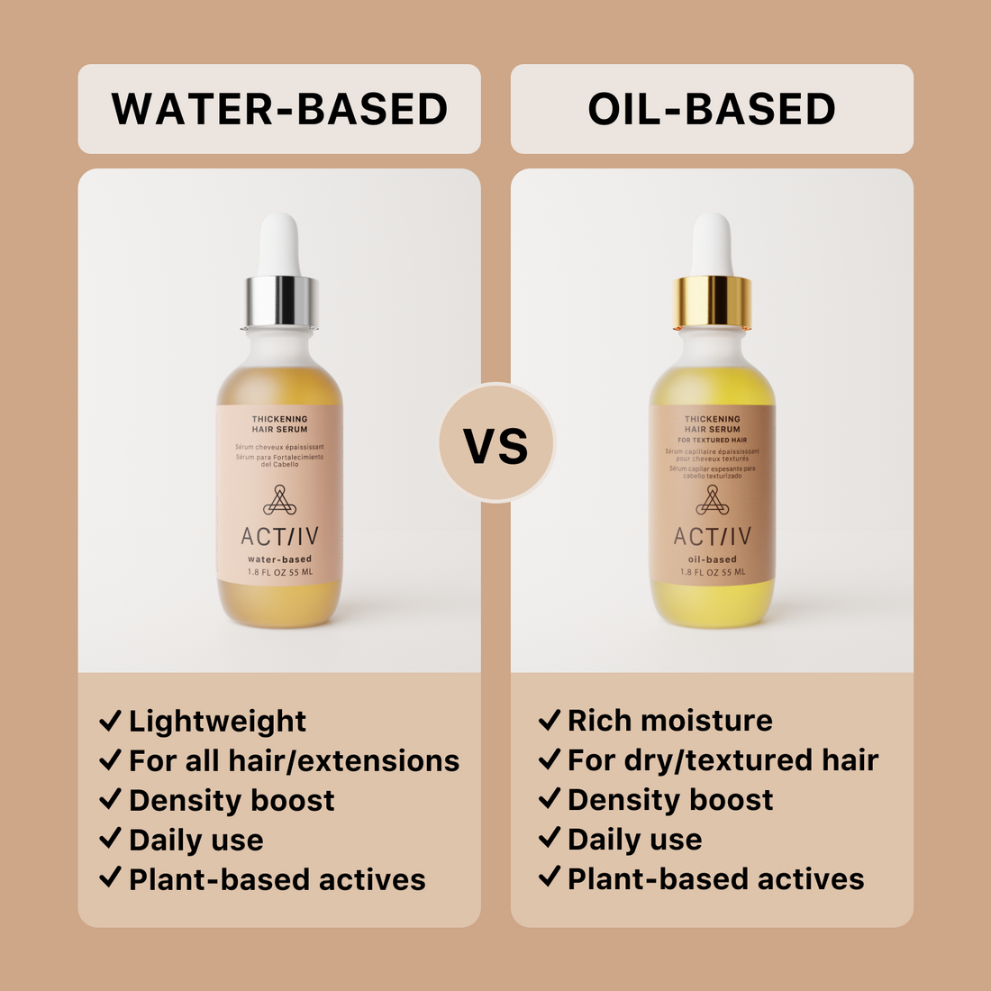 comparison between actiiv oil-based and water-based hair serums showing the benefits of each