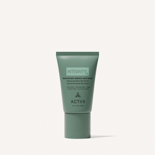ACTIIV Integrity Rx Repair Bio-Enrich Hair Mask 3.3 oz tube for damaged, color-treated hair with plant-based repair complex.