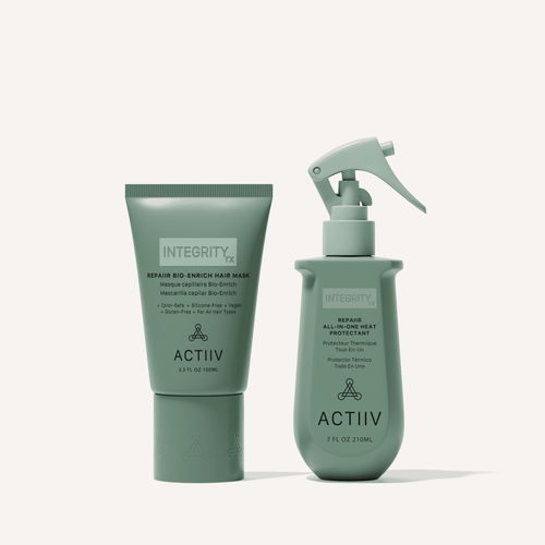 ACTIIV INTEGRITYrx REPAIIR Recovery Duo featuring the Repair Bio-Enrich Hair Mask and All-In-One Heat Protectant Spray, designed to help repair damaged hair, restore moisture, reduce breakage, control frizz, and protect against heat styling.
