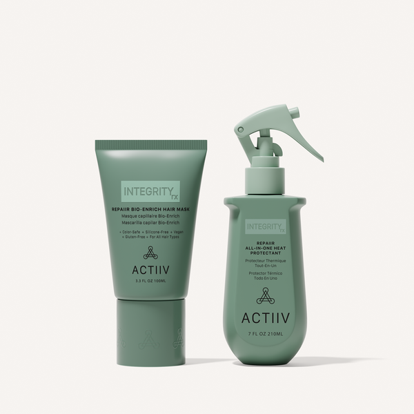 ACTIIV INTEGRITYrx REPAIIR Recovery Duo featuring the Repair Bio-Enrich Hair Mask and All-In-One Heat Protectant Spray, designed to help repair damaged hair, restore moisture, reduce breakage, control frizz, and protect against heat styling.