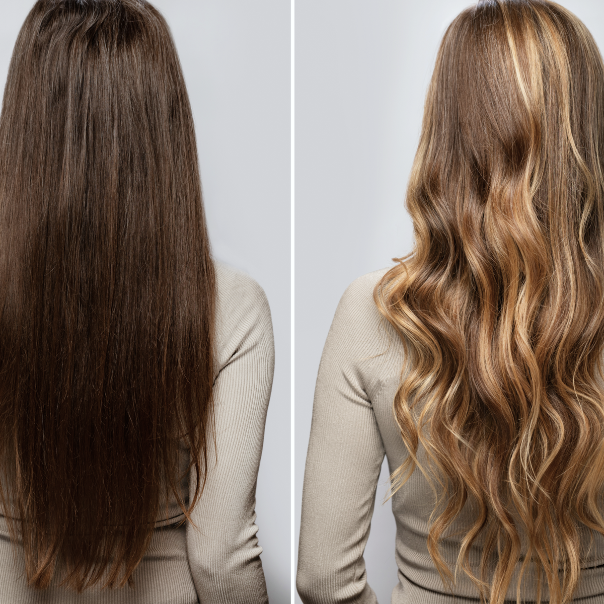 Back view comparison of long hair showing improved smoothness, movement, and fuller-looking strands after consistent use of Actiiv Recover Thickening Shampoo.
