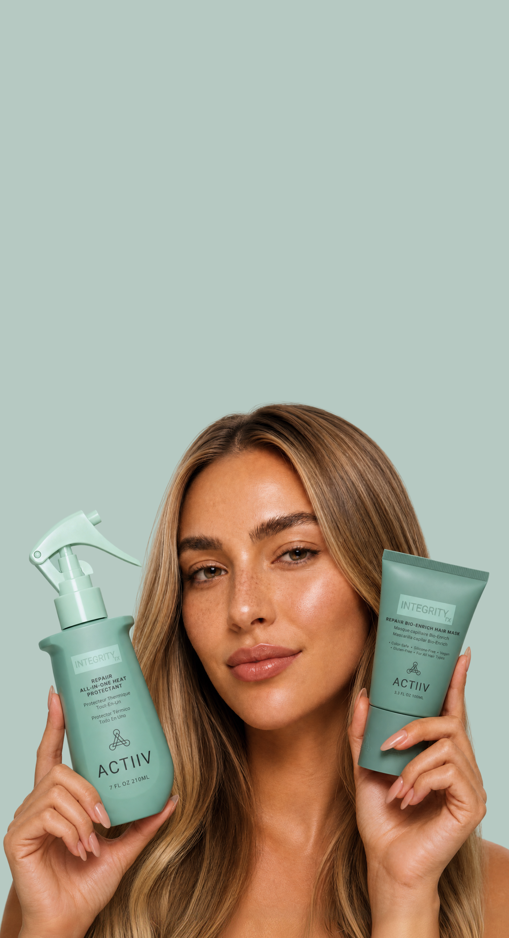 ACTIIV INTEGRITYrx hair repair routine with Bio-Enrich Hair Mask and All-in-One Heat Protectant.