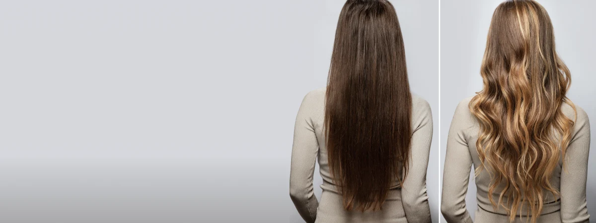 Side-by-side back views of long brunette hair styled straight and long highlighted hair styled in loose waves.