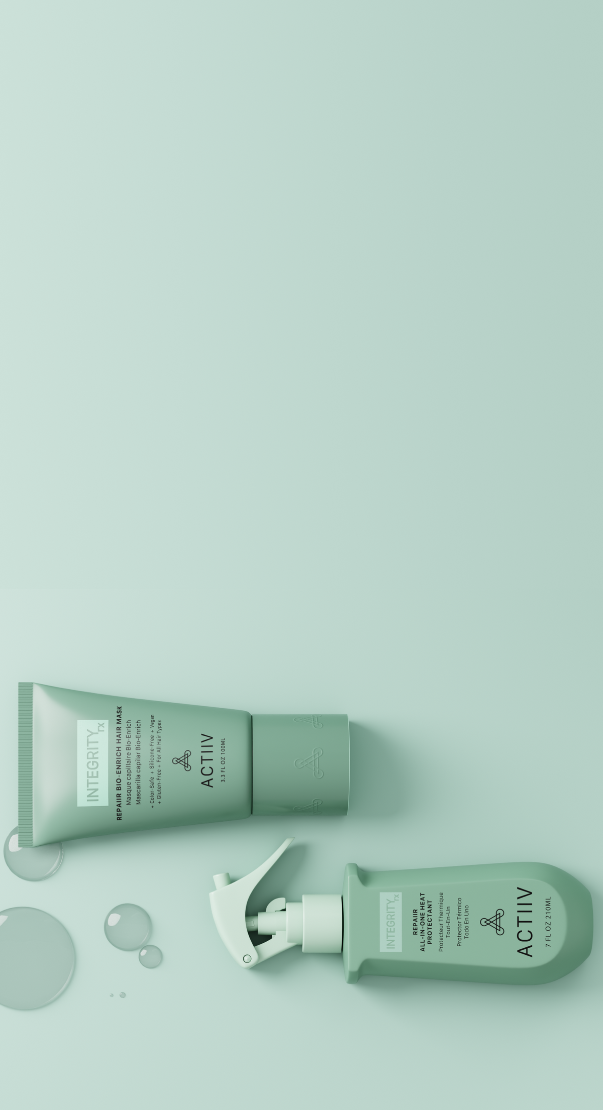 ACTIIV INTEGRITYrx hair repair products featuring Repair Bio-Enrich Hair Mask and All-in-One Heat Protectant.
