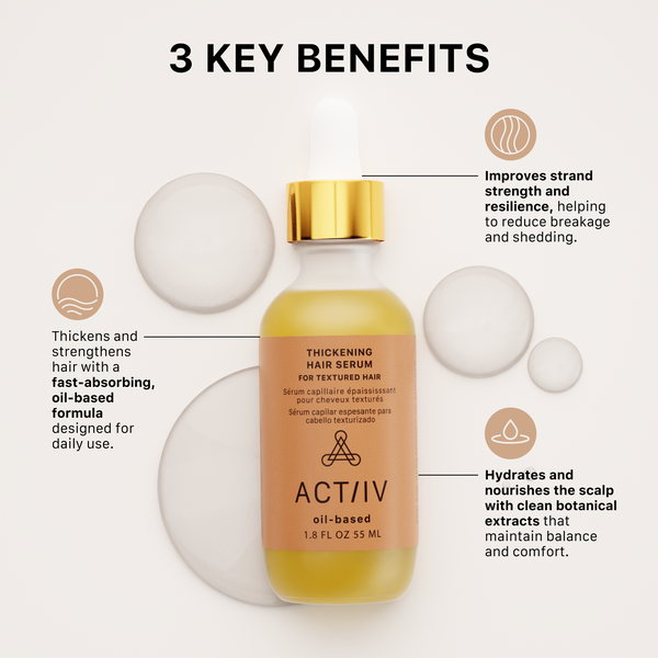 ACTIIV oil-based thickening hair serum bottle with key benefits on a white background