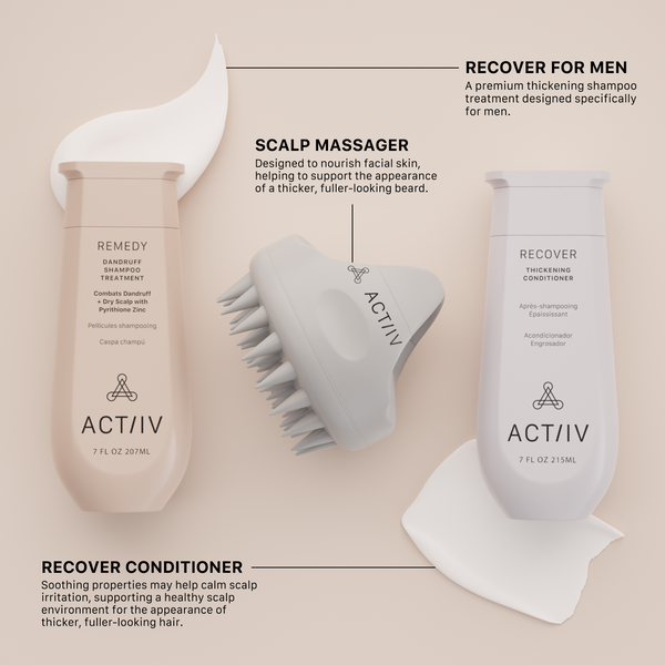 ACTIIV hair care products including Remedy Dandruff Shampoo, scalp massager, and recover conditioner on a beige background.