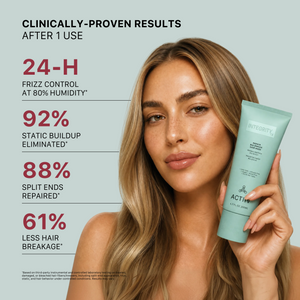 Model holding ACTIIV Integrity Rx Repair Hair Mask with clinical results showing frizz control, split end repair, reduced breakage, and static reduction after one use.