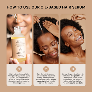 Instructions on how to use ACTIIV oil-based thickening hair serum with a bottle and people applying it.