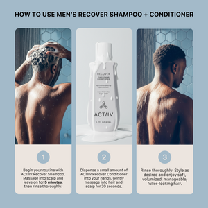 Instructions on how to use Men's Recover Shampoo + Conditioner with a bottle and person shown.