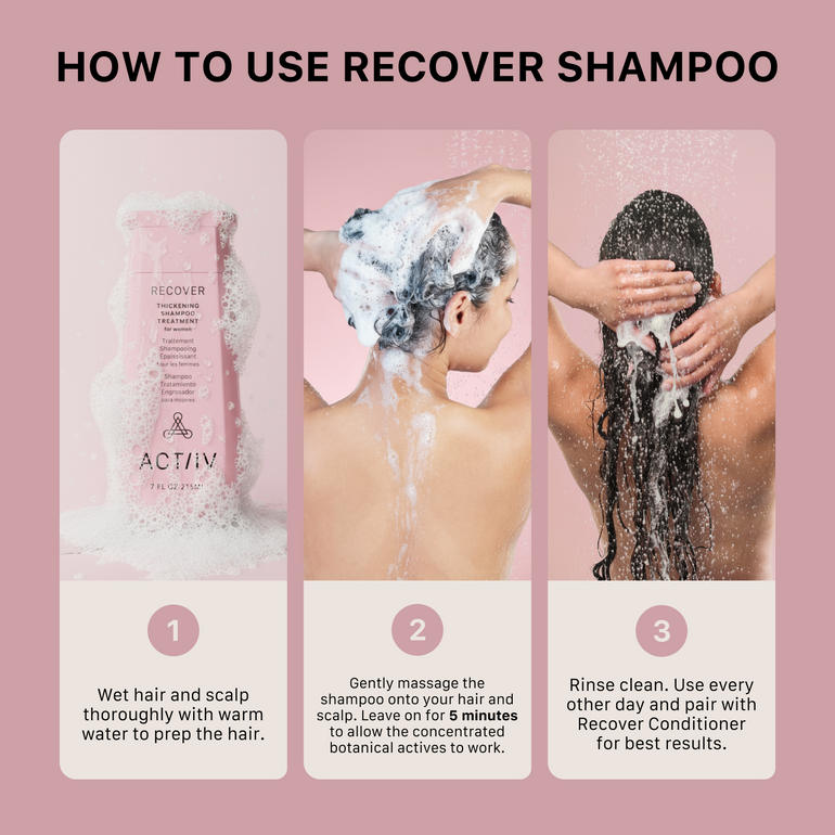 Instructions on how to use Recover Shampoo with a pink background
