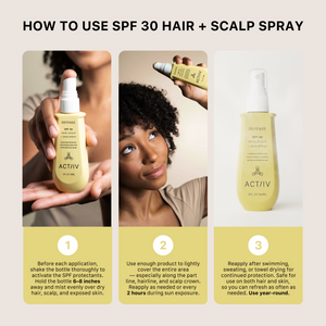 Instructions on how to use defense SPF 30 hair and scalp spray with product images and text.
