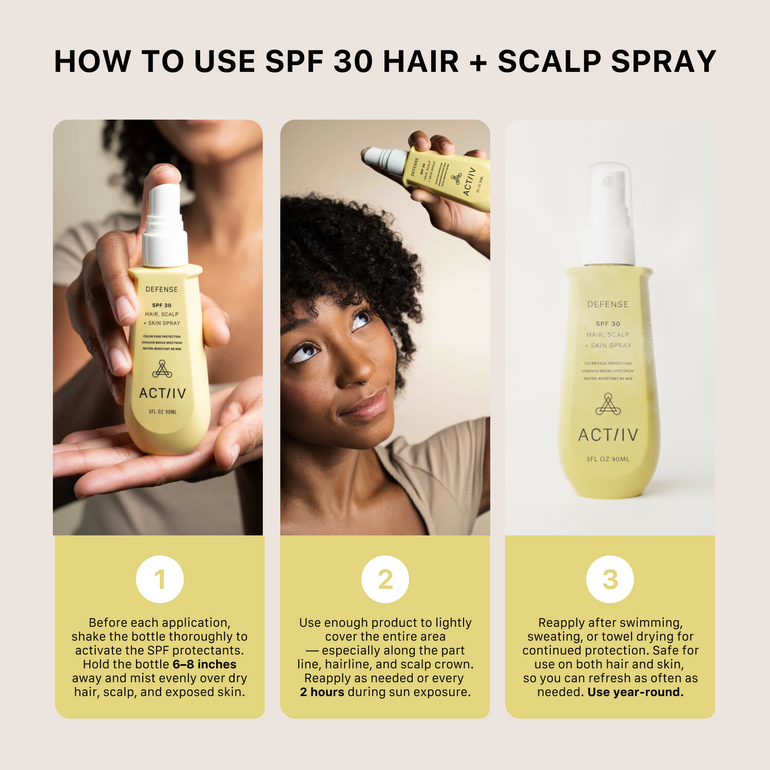 Instructions on how to use defense SPF 30 hair and scalp spray with product images and text.