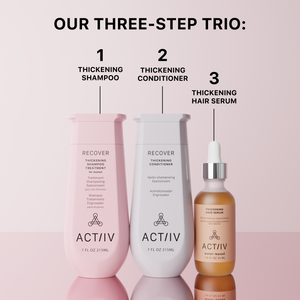 Three hair care products from ACTIIV on a pink background with text indicating a three-step routine.