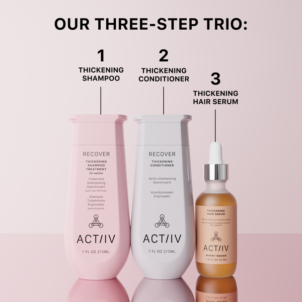 Three hair care products from ACTIIV on a pink background with text indicating a three-step routine.