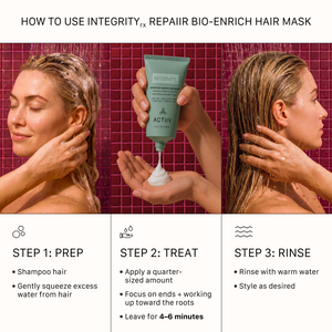 How to use ACTIIV Integrity Rx Repair Bio-Enrich Hair Mask with three-step application instructions: prep, treat for 3–5 minutes, and rinse.