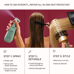 How to use ACTIIV Integrity Rx Repair All-In-One Heat Protectant by spraying onto towel-dried hair, combing through, and styling with or without heat.