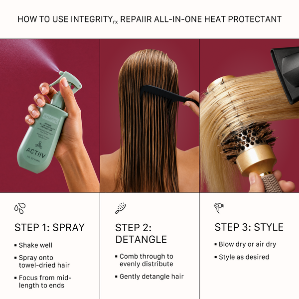 How to use ACTIIV Integrity Rx Repair All-In-One Heat Protectant by spraying onto towel-dried hair, combing through, and styling with or without heat.