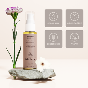 Bottle of ACTIIV classic scented thickening beard oil with flowers and product feature icons on a light background