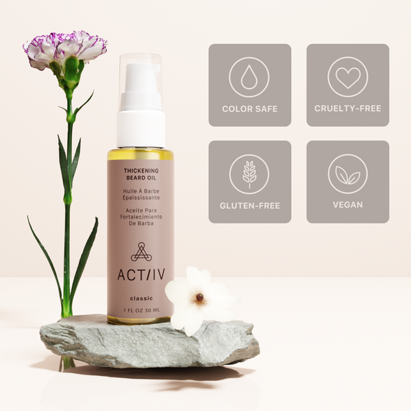 Bottle of ACTIIV classic scented thickening beard oil with flowers and product feature icons on a light background