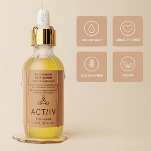 ACTIIV oil-based thickening hair serum bottle with dropper on a beige background, featuring product feature icons.