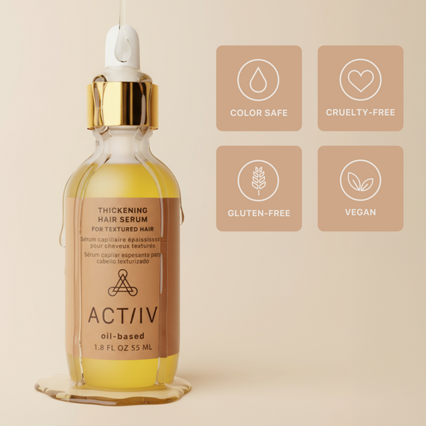 ACTIIV oil-based thickening hair serum bottle with dropper on a beige background, featuring product feature icons.