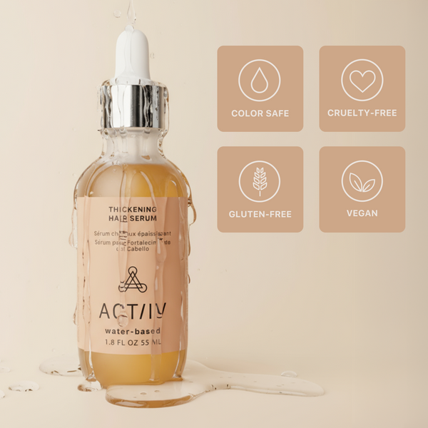 Bottle of actiiv water-based thickening hair serum with product feature icons on a beige background