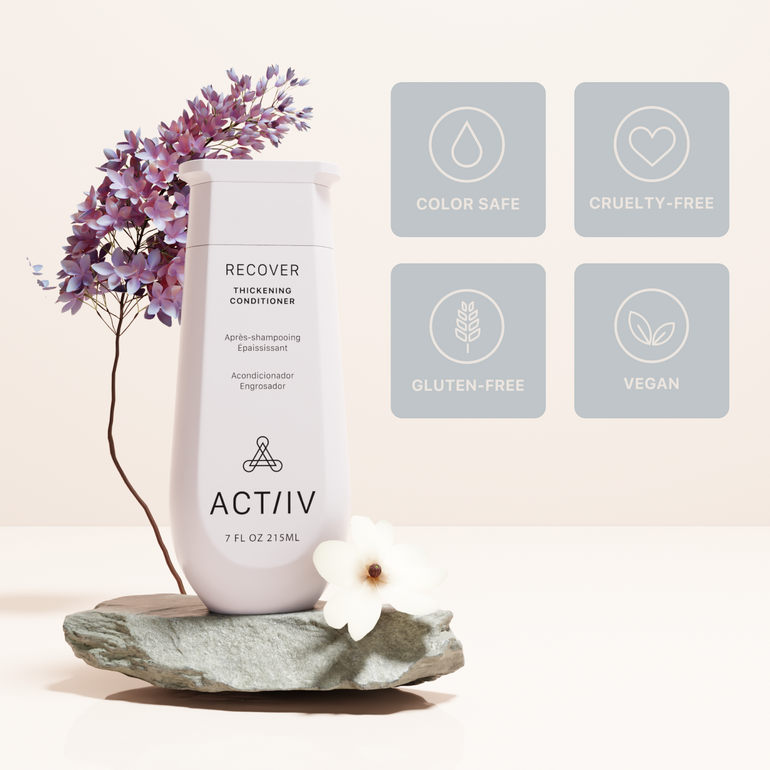 ACTIIV Recover thickening conditioner bottle with flowers on a beige background and features