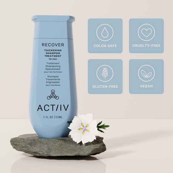 Blue shampoo bottle labeled 'ACT/IV Recover' with benefit icons on a neutral background
