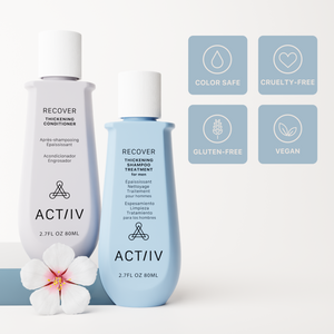 Two bottles of ACTIIV Recover hair care products with icons indicating color safe, cruelty-free, gluten-free, and vegan on a white background.