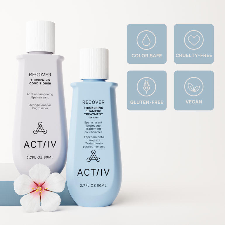Two bottles of ACTIIV Recover hair care products with icons indicating color safe, cruelty-free, gluten-free, and vegan on a white background.
