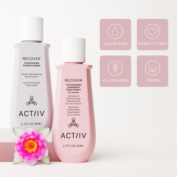 ACTIIV Recover Thickening Shampoo and Conditioner bottles with icons indicating safety and vegan certification on a white background.