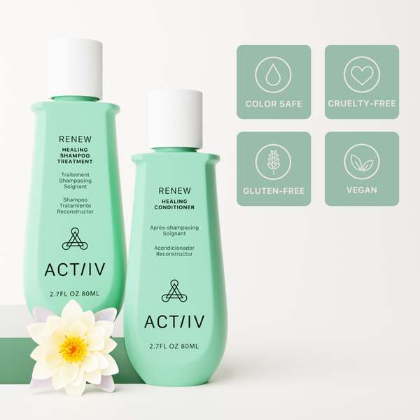 Two green bottles of ACTIIV Renew Healing Shampoo and Conditioner with icons indicating color safe, cruelty-free, gluten-free, and vegan on a white background.