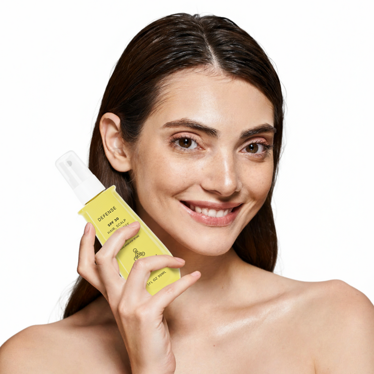 Woman holding a yellow bottle of Defense spf hair skin and scalp spray with a white background