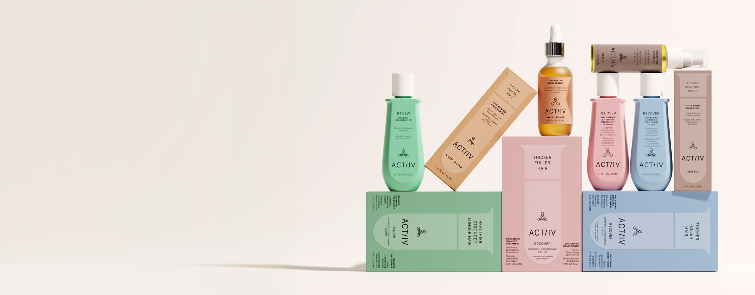 ACTIIV plant-based hair care collection featuring Recover Thickening Shampoo for Women and Men, Renew Healing Shampoo and Conditioner, Thickening Hair Serum, Thickening Beard Oil, and Defense SPF Hair, Scalp + Skin Spray in pastel packaging on a neutral background.