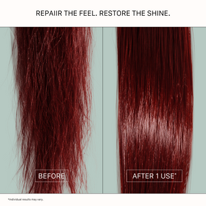 Before and after close-up of red hair treated with ACTIIV Integrity Rx Repair Hair Mask showing smoother texture and enhanced shine after one use.