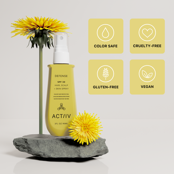Yellow bottle of ACTIIV defense SPF 30 hair, scalp, and skin spray with yellow flowers on a gray stone surface and product features