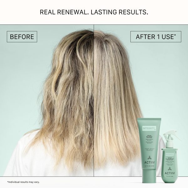 Before and after using ACTIIV Integrity Rx Repair Hair Mask showing smoother, shinier, healthier-looking long blonde hair after one use.