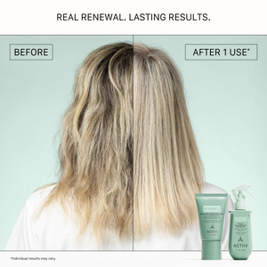 Before and after using ACTIIV Integrity Rx Repair All-In-One Heat Protectant showing smoother, shinier, more manageable long blonde hair after one use.