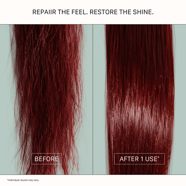 Close-up before-and-after image showing visibly smoother hair texture and reduced frizz after one use of the ACTIIV INTEGRITYrx REPAIIR Recovery Duo for damaged and chemically treated hair.