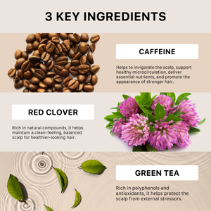 Three key ingredients for water-based thickening hair serum displayed with coffee beans, red clover flowers, and green tea leaves.