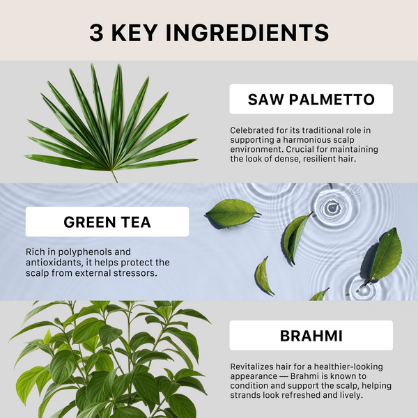 Three key ingredients for hair health displayed with images and descriptions.