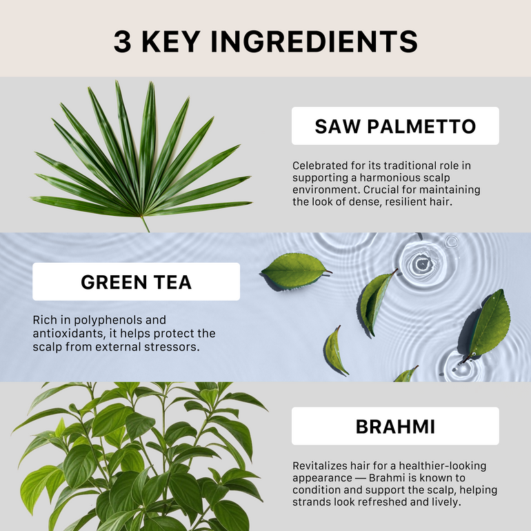 Three key ingredients for hair health displayed with images and descriptions.