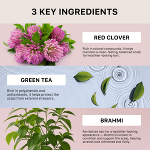 Three key ingredients for hair health with images of red clover, green tea leaves, and brahmi leaves on a pink and blue gradient background.