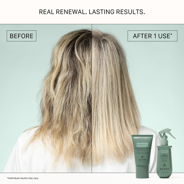 Before-and-after comparison after one use of the ACTIIV INTEGRITYrx REPAIIR Recovery Duo, showing reduced frizz, enhanced shine, and smoother, healthier-looking blonde hair