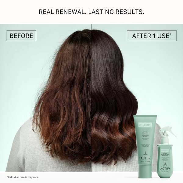 Before and after results with ACTIIV Integrity Rx Repair Hair Mask showing visibly smoother, shinier brunette hair after one use.