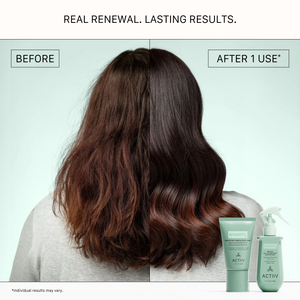 Before and after results with ACTIIV Integrity Rx Repair All-In-One Heat Protectant showing visibly smoother, shinier brunette hair after one use.
