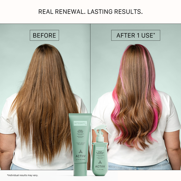 Before and after using ACTIIV Integrity Rx Repair Hair Mask showing smoother, softer highlighted hair with improved shine after one use.