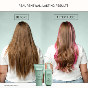 Before and after using ACTIIV Integrity Rx Repair All-In-One Heat Protectant showing reduced frizz, improved smoothness, and healthier-looking highlighted blonde hair after one use.